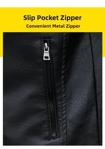 Close-up of side pocket featuring a smooth metal zipper on textured black leather jacket