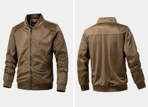 Detailed front and back view of a men's brown faux suede bomber jacket with ribbed cuffs