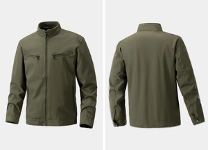 Front and back view of an olive green outdoor jacket with windproof fabric and multiple pockets
