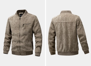 Detail of tan cotton-linen bomber jacket with ribbed collar and chest zipper pocket