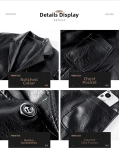 Detailed view of black leather blazer jacket showing lapel texture and pocket stitching