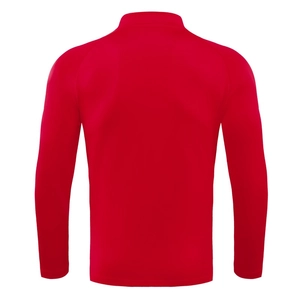 Back view of men's red slim-fit running jacket with high collar and ergonomic seams