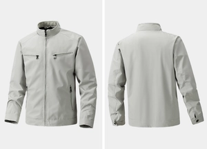Front and back view of men's beige lightweight jacket with functional zipper pockets