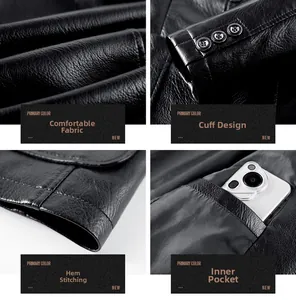 Detailed views of leather jacket texture, cuff buttons, hem stitching and inner pocket