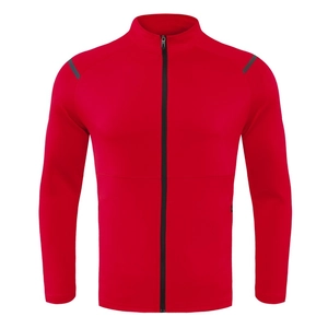 Men's red full-zip athletic jacket with stand collar and gray shoulder reflective strips