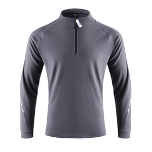 Men's grey half-zip sports sweatshirt with reflective arm stripes and a standing collar