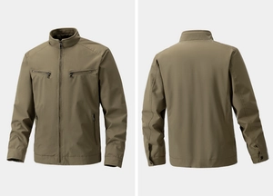 Detail view of olive green jacket featuring metal zippers and windproof fabric texture