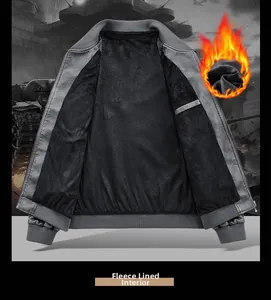 Veste en cuir PU gris pour homme avec doublure polaire noire chaude et col montant