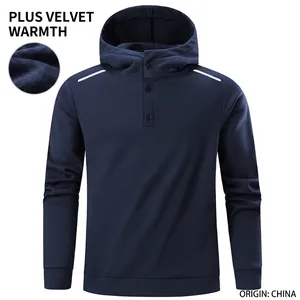 Men's navy blue fleece hooded sweatshirt with button placket and warm lining