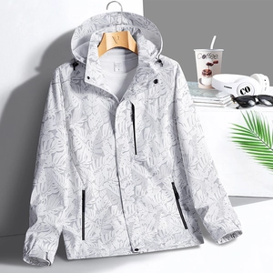 Waterproof palm leaf print hooded windbreaker jacket for outdoor casual wear
