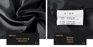 Detail view of premium black leather jacket lining and 100% polyester wash label