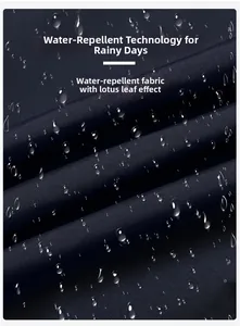 Dettaglio macro del tessuto blu navy idrorepellente con gocce d'acqua a effetto loto