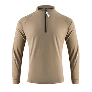 Khaki men's quarter-zip running shirt with reflective strips and standing collar