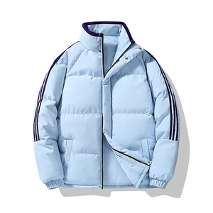 Winter light blue puffer jacket with purple stand collar and three-stripe sleeve design