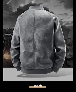 Vue arrière de la veste en cuir PU gris foncé usé avec poignets côtelés et fond militaire