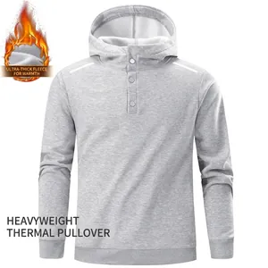 Men's grey hooded fleece sweatshirt with button placket and white shoulder stripes