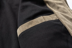 Detail of breathable honeycomb mesh lining and khaki suede jacket interior construction