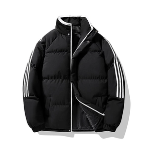 Winter unisex black padded jacket with white stripes, stand collar windproof coat