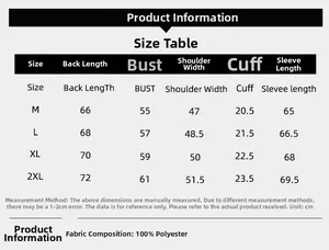 Detailed size chart for men's casual jacket with measurements in CM for M to 2XL