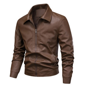 Men's brown slim fit faux leather jacket with lapel collar and metal zipper closure