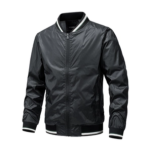 Men's lightweight black bomber jacket with striped ribbed trims and metal zipper closure