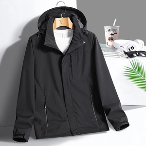 Waterproof breathable black hooded jacket with windproof zippers for outdoor recreation