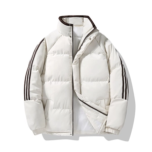 Padded ivory winter puffer jacket featuring iconic three-stripe contrast sleeves and stand collar
