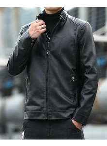Detail of men's black motorcycle jacket featuring stand collar and metal zipper pockets