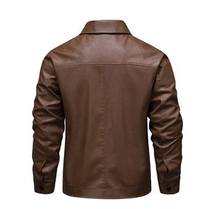 Back view of a slim fit brown faux leather jacket for men featuring a classic lapel collar