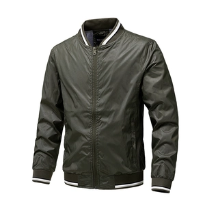 Men's olive green summer bomber jacket with white striped ribbing and metallic zipper