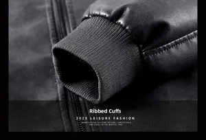 Détail des poignets en tricot côtelé et de la texture du cuir d'une veste noire