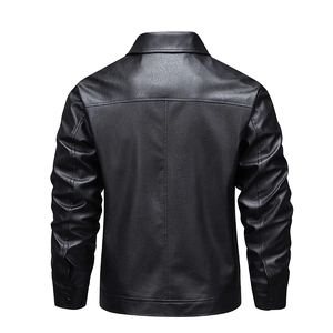 Back view of black slim fit PU leather jacket with classic lapel and biker style stitching
