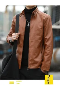 Detail of khaki faux leather motorcycle jacket with stand collar and metal zipper closure