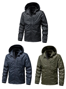 Detailed view of lightweight hooded windbreaker jackets in black, navy, and army green