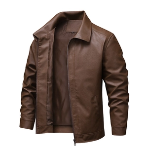 Classic brown faux leather jacket for men featuring a lapel collar and zip-up front closure