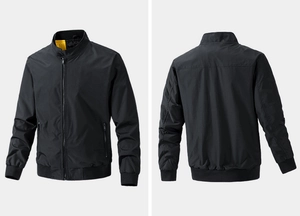 Detailed front and back view of a black windproof bomber jacket with yellow neck contrast