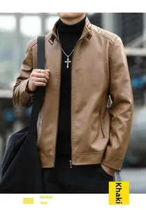 Detail of khaki leather jacket featuring a stand collar and quilted shoulder textures
