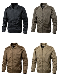 Detailed grid view of slim fit suede jackets with ribbed cuffs and stand collar design