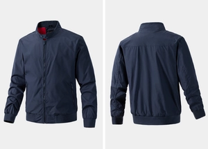 Front and back view of navy blue bomber jacket with stand collar and ribbed cuffs
