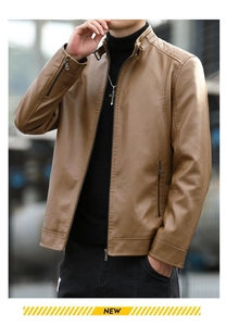 Detail of khaki brown men's biker jacket featuring stand collar and zipper pockets