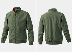 Front and back view of a classic army green bomber jacket with metal snap collar detail