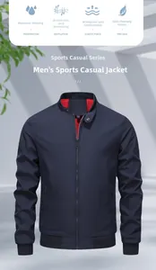 Detail view of men's navy windbreaker featuring a red stand-up collar and ribbed cuffs