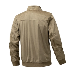 Men's khaki slim fit suede jacket in solid color featuring a ribbed back view design