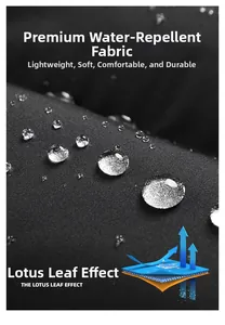 Dettaglio del tessuto impermeabile che mostra l'effetto loto con gocce d'acqua sulla superficie