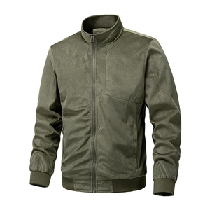 Men's olive green faux suede jacket with stand collar and sleek metal zipper closure