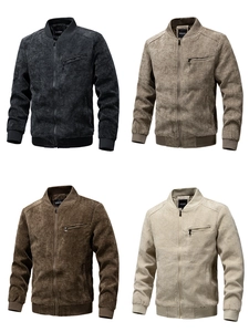 Detail showing the ribbed collar and textured cotton-linen fabric of the multi-zip bomber jacket