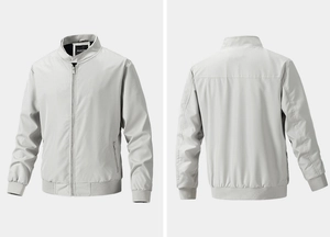 Front and back view of light gray bomber jacket with ribbed cuffs and stand collar