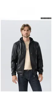 Detail of black hooded PU leather jacket featuring ribbed cuffs and drawstring hood