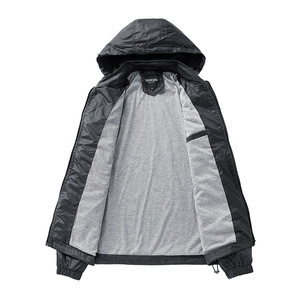 Men's lightweight hooded windbreaker jacket in black with grey jersey lining and hood