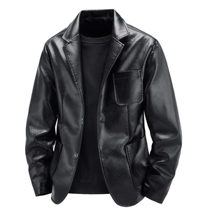 Men's slim fit black leather suit jacket with notched lapels and three pocket design